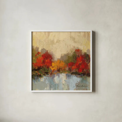 Fall Riverside I by Silvia Vassileva. Shown in a crisp white glass frame for a clean and minimalist style. Available as an archival giclee rolled canvas, fine art paper, or poster print. SKU 11881a.