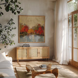 Fall Riverside I by Silvia Vassileva. Shown in a natural wood frame in a cozy modern living room. Available as an archival giclee rolled canvas, fine art paper, or poster print. SKU 11881a.
