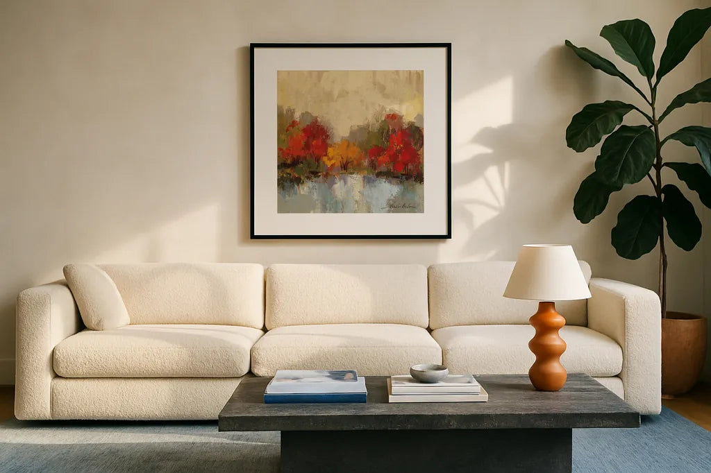 Fall Riverside I by Silvia Vassileva. Displayed in a glass frame with matte in a clean modern living room. Available as an archival giclee rolled canvas, fine art paper, or poster print. SKU 11881a.