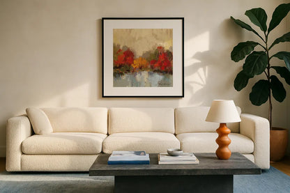 Fall Riverside I by Silvia Vassileva. Displayed in a glass frame with matte in a clean modern living room. Available as an archival giclee rolled canvas, fine art paper, or poster print. SKU 11881a.