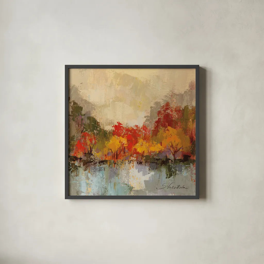 Fall Riverside II by Silvia Vassileva. Shown in a sleek black glass frame for a contemporary gallery look. Available as an archival giclee rolled canvas, fine art paper, or poster print. SKU 11882a.