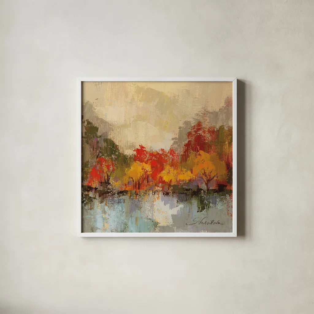 Fall Riverside II by Silvia Vassileva. Shown in a crisp white glass frame for a clean and minimalist style. Available as an archival giclee rolled canvas, fine art paper, or poster print. SKU 11882a.