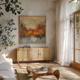 Fall Riverside II by Silvia Vassileva. Shown in a natural wood frame in a cozy modern living room. Available as an archival giclee rolled canvas, fine art paper, or poster print. SKU 11882a.