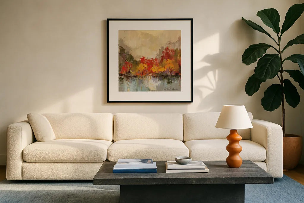 Fall Riverside II by Silvia Vassileva. Displayed in a glass frame with matte in a clean modern living room. Available as an archival giclee rolled canvas, fine art paper, or poster print. SKU 11882a.