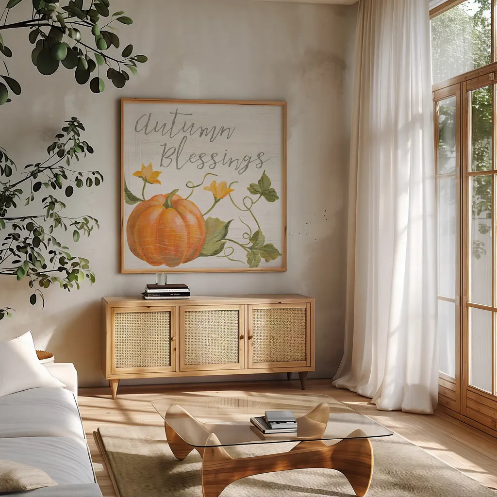 Fall Splendor II by Silvia Vassileva. Shown in a natural wood frame in a cozy modern living room. Available as an archival giclee rolled canvas, fine art paper, or poster print. SKU 56604a.