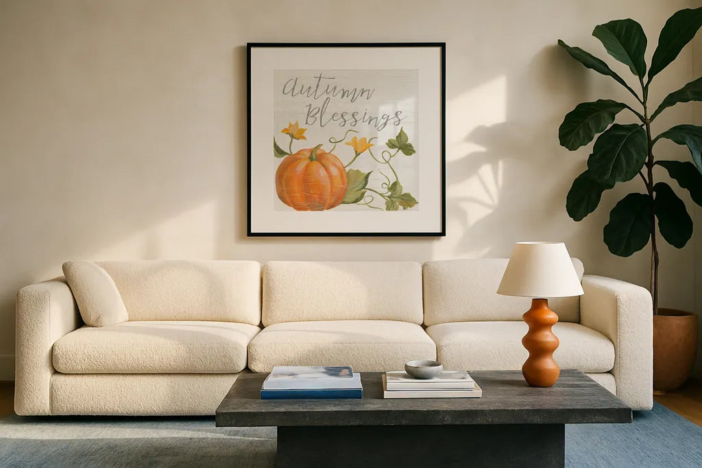 Fall Splendor II by Silvia Vassileva. Displayed in a glass frame with matte in a clean modern living room. Available as an archival giclee rolled canvas, fine art paper, or poster print. SKU 56604a.