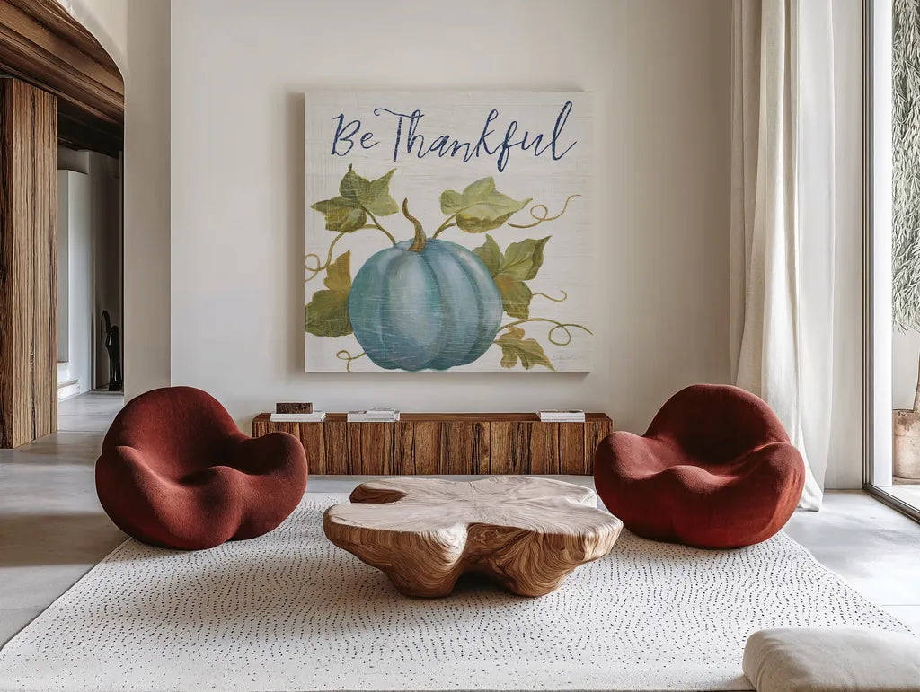 Fall Splendor IV Navy by Silvia Vassileva. Shown as extra-large giant wall art in a modern living room. Available as an archival giclee rolled canvas, fine art paper, or poster print. SKU 74790a.