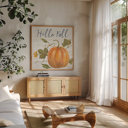 Fall Splendor V Navy by Silvia Vassileva. Shown in a natural wood frame in a cozy modern living room. Available as an archival giclee rolled canvas, fine art paper, or poster print. SKU 74791a.