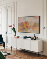 Fall Sunrise by Silvia Vassileva. shown as a framed stretched canvas in a living room above a console. Available as a archival giclee rolled canvas, fine art paper, or poster print. SKU 87407i.