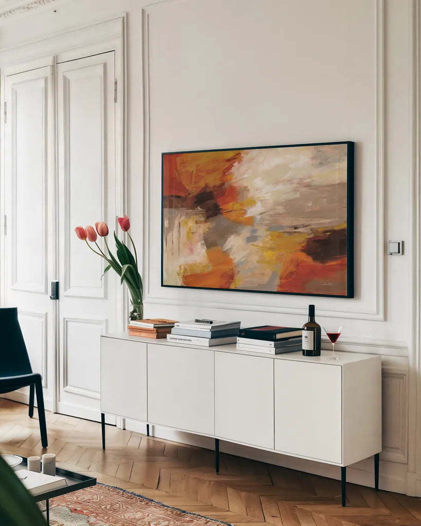 Falling Leaves by Silvia Vassileva. shown as a framed stretched canvas in a living room above a console. Available as a archival giclee rolled canvas, fine art paper, or poster print. SKU 75419i.