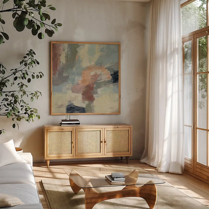 Farm Field by Silvia Vassileva. Shown in a natural wood frame in a cozy modern living room. Available as an archival giclee rolled canvas, fine art paper, or poster print. SKU 71966a.