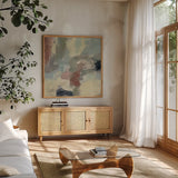 Farm Field Gray by Silvia Vassileva. Shown in a natural wood frame in a cozy modern living room. Available as an archival giclee rolled canvas, fine art paper, or poster print. SKU 77379a.