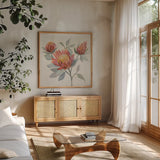Field Bloom II by Silvia Vassileva. Shown in a natural wood frame in a cozy modern living room. Available as an archival giclee rolled canvas, fine art paper, or poster print. SKU 63983a.