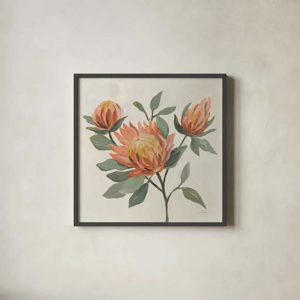 Field Bloom II Warm by Silvia Vassileva. Shown in a sleek black glass frame for a contemporary gallery look. Available as an archival giclee rolled canvas, fine art paper, or poster print. SKU 80068a.