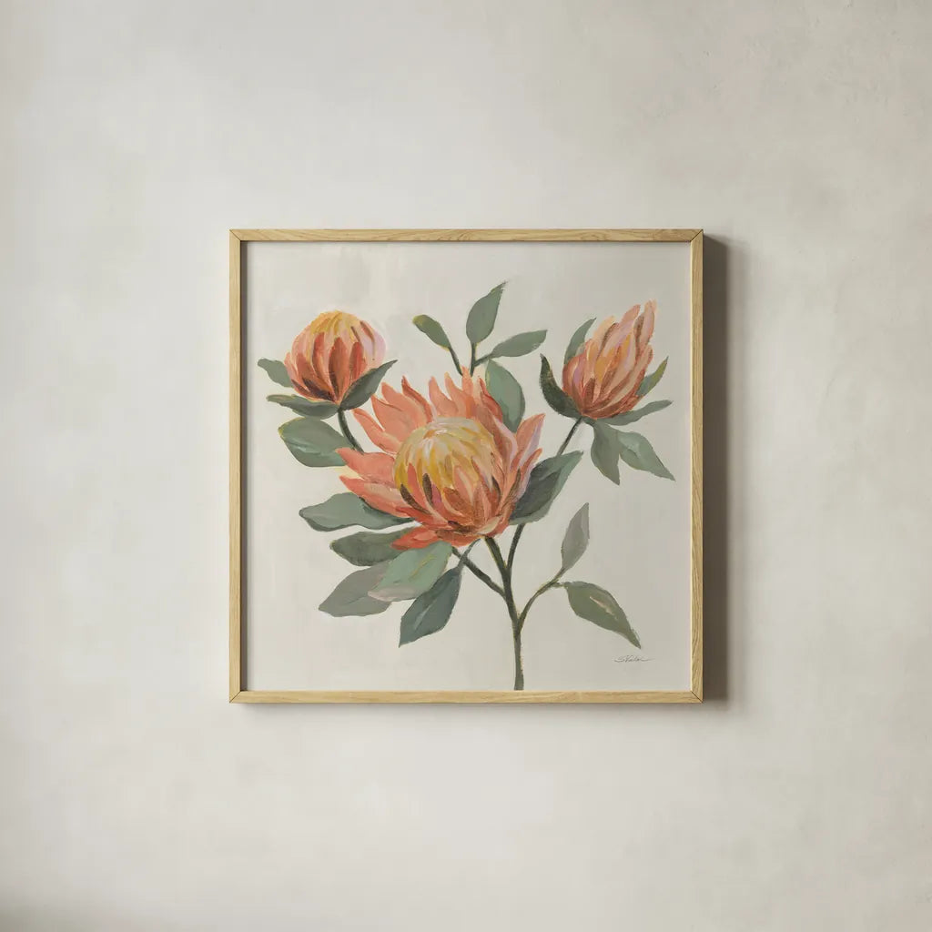 Field Bloom II Warm by Silvia Vassileva. Shown in a natural wood glass frame for a timeless modern aesthetic. Available as an archival giclee rolled canvas, fine art paper, or poster print. SKU 80068a.