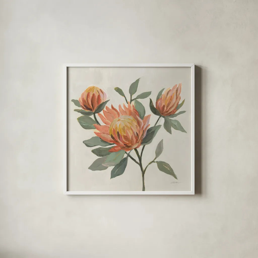 Field Bloom II Warm by Silvia Vassileva. Shown in a crisp white glass frame for a clean and minimalist style. Available as an archival giclee rolled canvas, fine art paper, or poster print. SKU 80068a.
