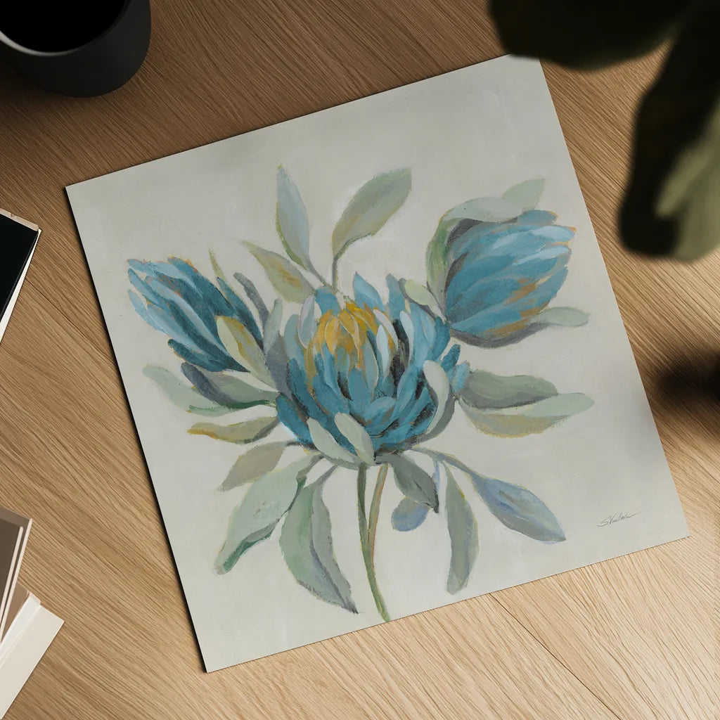 Field Floral I Blue by Silvia Vassileva. Shown as a detailed flat fine art print, highlighting archival giclee quality. Available as an archival giclee rolled canvas, fine art paper, or poster print. SKU 65017a.
