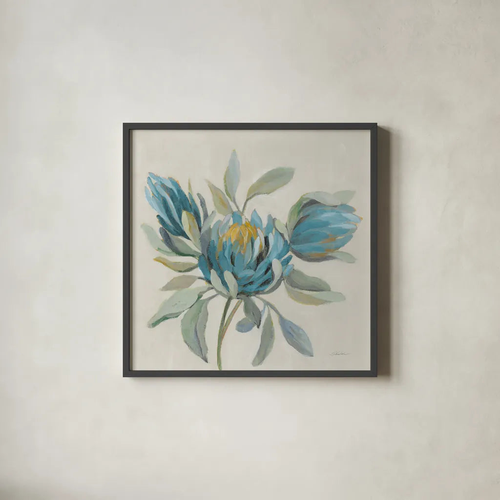 Field Floral I Blue by Silvia Vassileva. Shown in a sleek black glass frame for a contemporary gallery look. Available as an archival giclee rolled canvas, fine art paper, or poster print. SKU 65017a.
