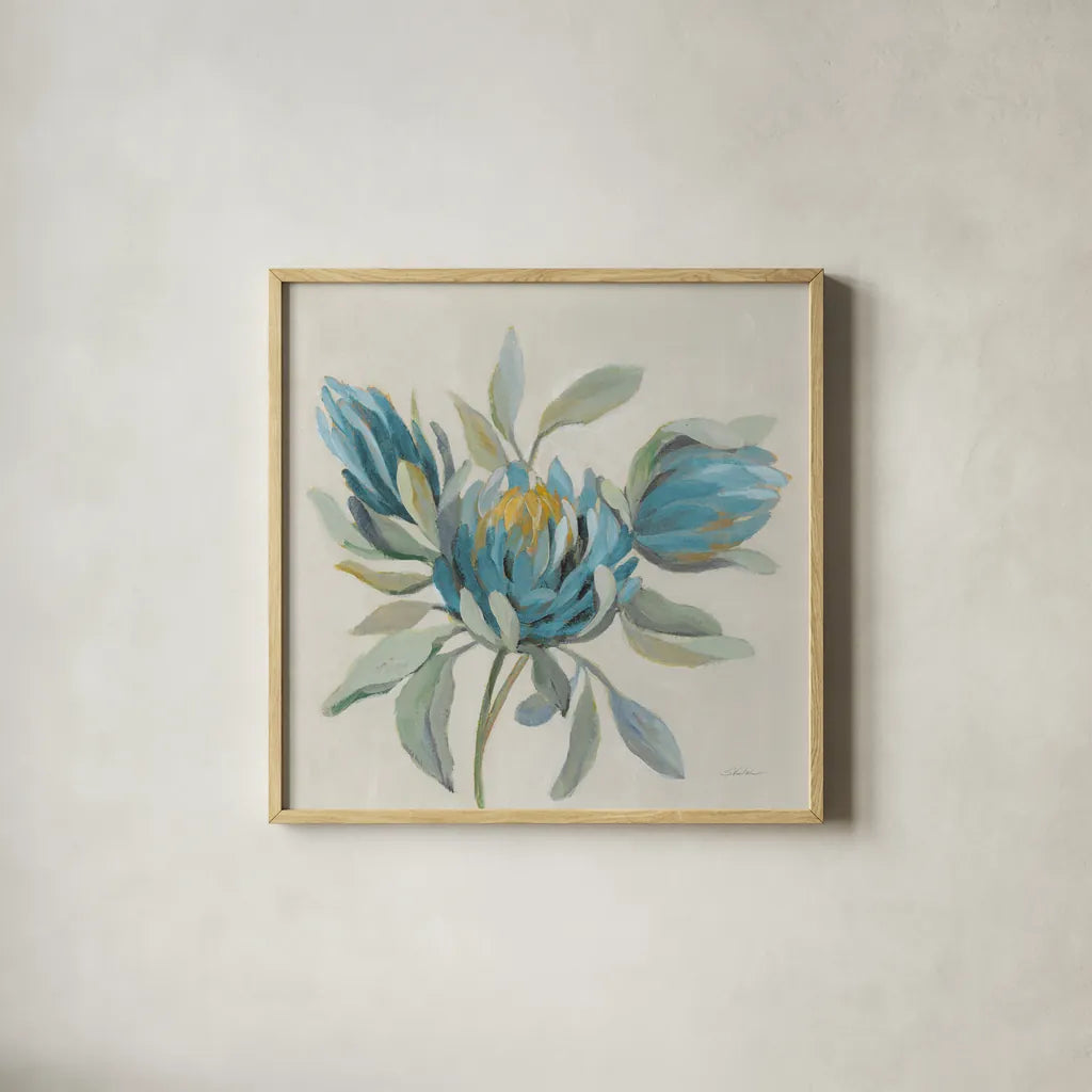 Field Floral I Blue by Silvia Vassileva. Shown in a natural wood glass frame for a timeless modern aesthetic. Available as an archival giclee rolled canvas, fine art paper, or poster print. SKU 65017a.