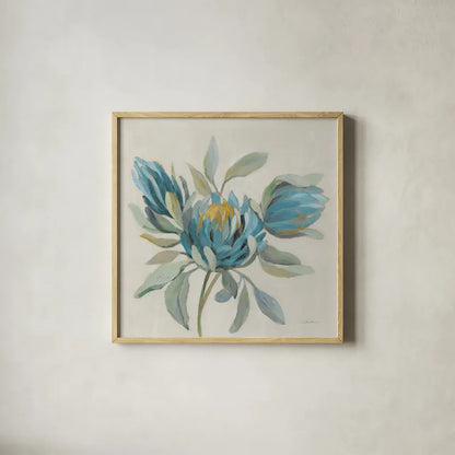 Field Floral I Blue by Silvia Vassileva. Shown in a natural wood glass frame for a timeless modern aesthetic. Available as an archival giclee rolled canvas, fine art paper, or poster print. SKU 65017a.