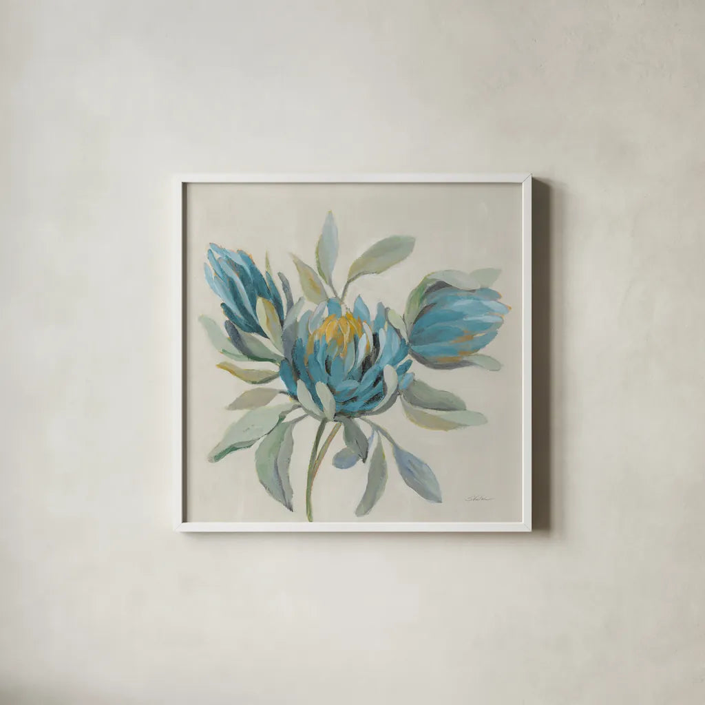 Field Floral I Blue by Silvia Vassileva. Shown in a crisp white glass frame for a clean and minimalist style. Available as an archival giclee rolled canvas, fine art paper, or poster print. SKU 65017a.