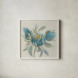 Field Floral I Blue by Silvia Vassileva. Shown in a crisp white glass frame for a clean and minimalist style. Available as an archival giclee rolled canvas, fine art paper, or poster print. SKU 65017a.