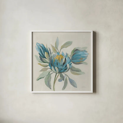 Field Floral I Blue by Silvia Vassileva. Shown in a crisp white glass frame for a clean and minimalist style. Available as an archival giclee rolled canvas, fine art paper, or poster print. SKU 65017a.