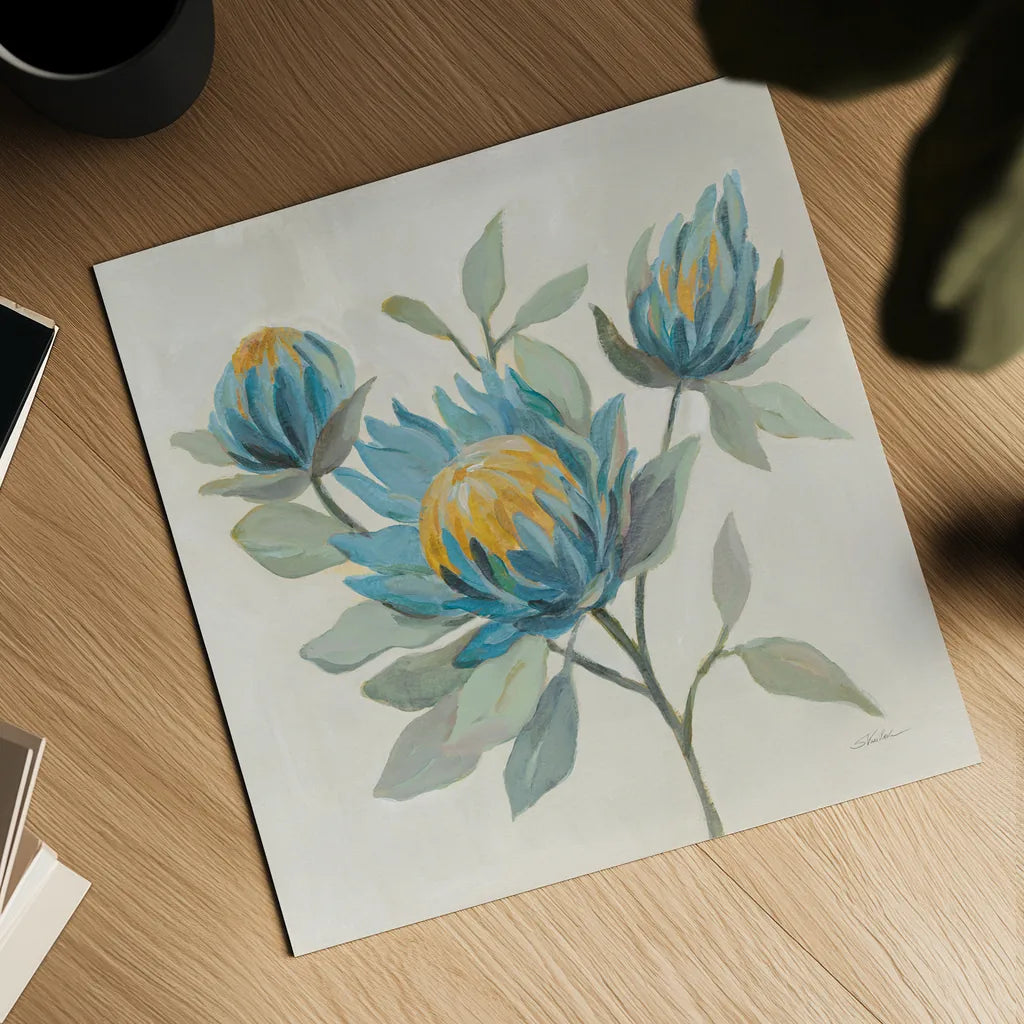 Field Floral II Blue by Silvia Vassileva. Shown as a detailed flat fine art print, highlighting archival giclee quality. Available as an archival giclee rolled canvas, fine art paper, or poster print. SKU 65018a.
