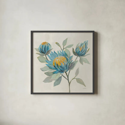 Field Floral II Blue by Silvia Vassileva. Shown in a sleek black glass frame for a contemporary gallery look. Available as an archival giclee rolled canvas, fine art paper, or poster print. SKU 65018a.