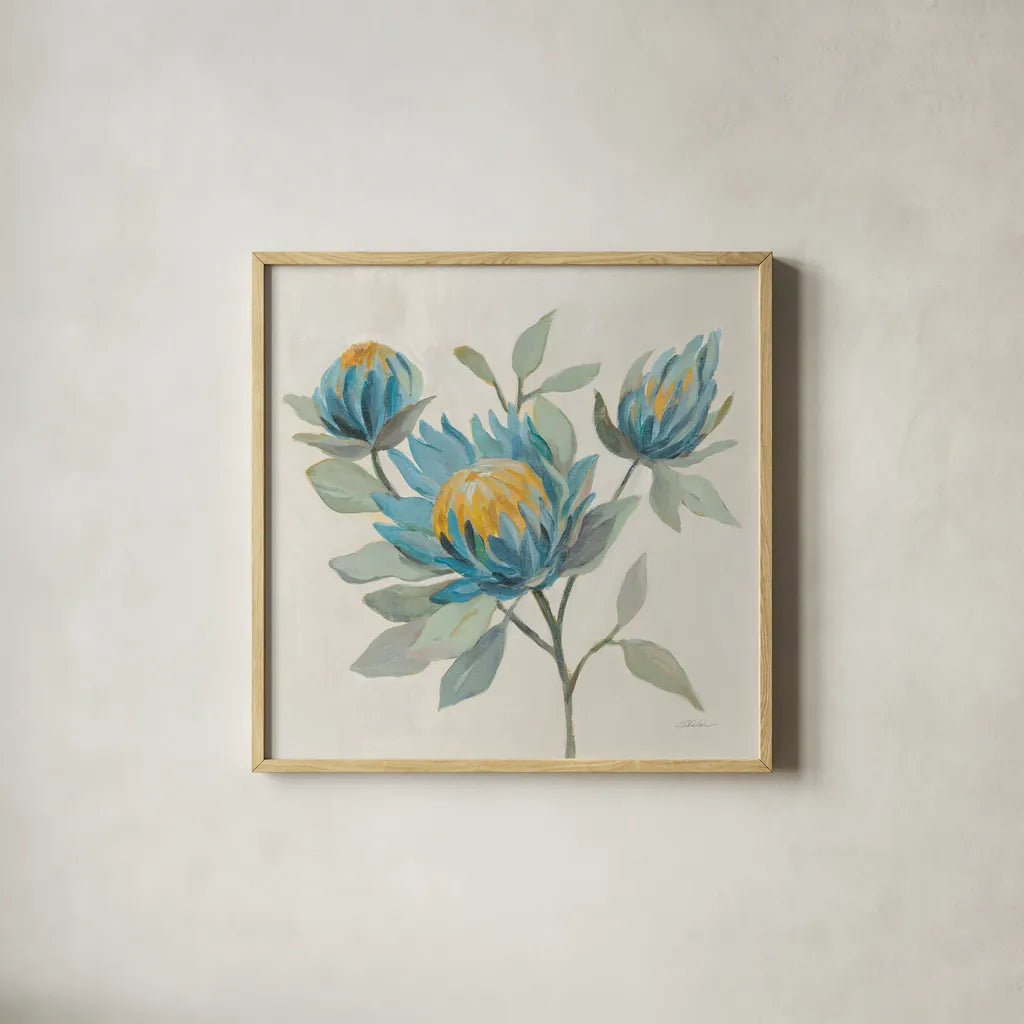 Field Floral II Blue by Silvia Vassileva. Shown in a natural wood glass frame for a timeless modern aesthetic. Available as an archival giclee rolled canvas, fine art paper, or poster print. SKU 65018a.