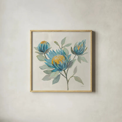 Field Floral II Blue by Silvia Vassileva. Shown in a natural wood glass frame for a timeless modern aesthetic. Available as an archival giclee rolled canvas, fine art paper, or poster print. SKU 65018a.
