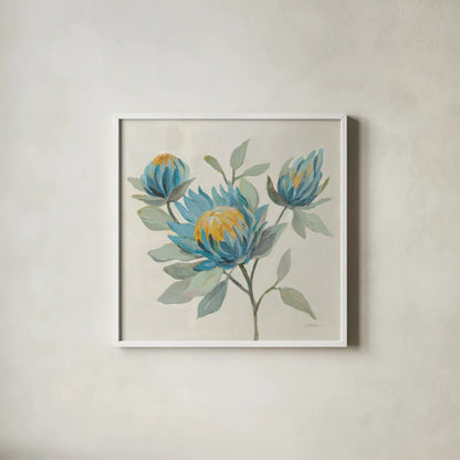 Field Floral II Blue by Silvia Vassileva. Shown in a crisp white glass frame for a clean and minimalist style. Available as an archival giclee rolled canvas, fine art paper, or poster print. SKU 65018a.