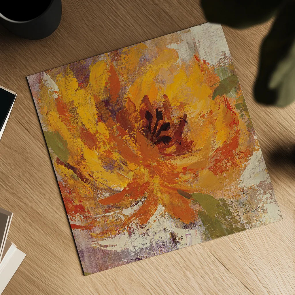 Fiery Dahlias I Golden Flower by Silvia Vassileva. Shown as a detailed flat fine art print, highlighting archival giclee quality. Available as an archival giclee rolled canvas, fine art paper, or poster print. SKU 10547a.