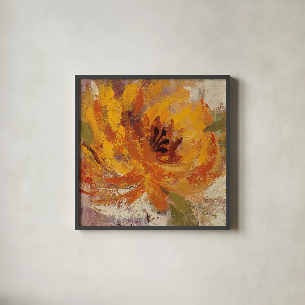 Fiery Dahlias I Golden Flower by Silvia Vassileva. Shown in a sleek black glass frame for a contemporary gallery look. Available as an archival giclee rolled canvas, fine art paper, or poster print. SKU 10547a.