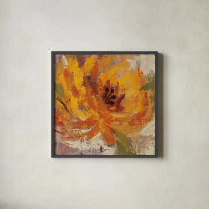 Fiery Dahlias I Golden Flower by Silvia Vassileva. Shown in a sleek black glass frame for a contemporary gallery look. Available as an archival giclee rolled canvas, fine art paper, or poster print. SKU 10547a.