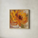 Fiery Dahlias I Golden Flower by Silvia Vassileva. Shown in a natural wood glass frame for a timeless modern aesthetic. Available as an archival giclee rolled canvas, fine art paper, or poster print. SKU 10547a.