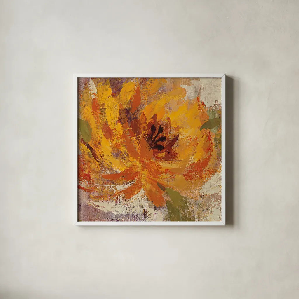 Fiery Dahlias I Golden Flower by Silvia Vassileva. Shown in a crisp white glass frame for a clean and minimalist style. Available as an archival giclee rolled canvas, fine art paper, or poster print. SKU 10547a.
