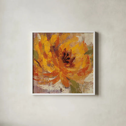 Fiery Dahlias I Golden Flower by Silvia Vassileva. Shown in a crisp white glass frame for a clean and minimalist style. Available as an archival giclee rolled canvas, fine art paper, or poster print. SKU 10547a.