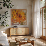 Fiery Dahlias I Golden Flower by Silvia Vassileva. Shown in a natural wood frame in a cozy modern living room. Available as an archival giclee rolled canvas, fine art paper, or poster print. SKU 10547a.