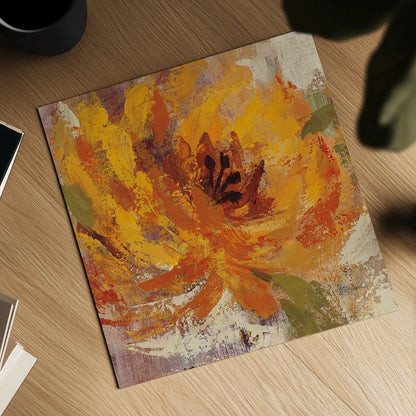 Fiery Dahlias I Golden Flower by Silvia Vassileva. Shown as a detailed flat fine art print, highlighting archival giclee quality. Available as an archival giclee rolled canvas, fine art paper, or poster print. SKU 15706a.