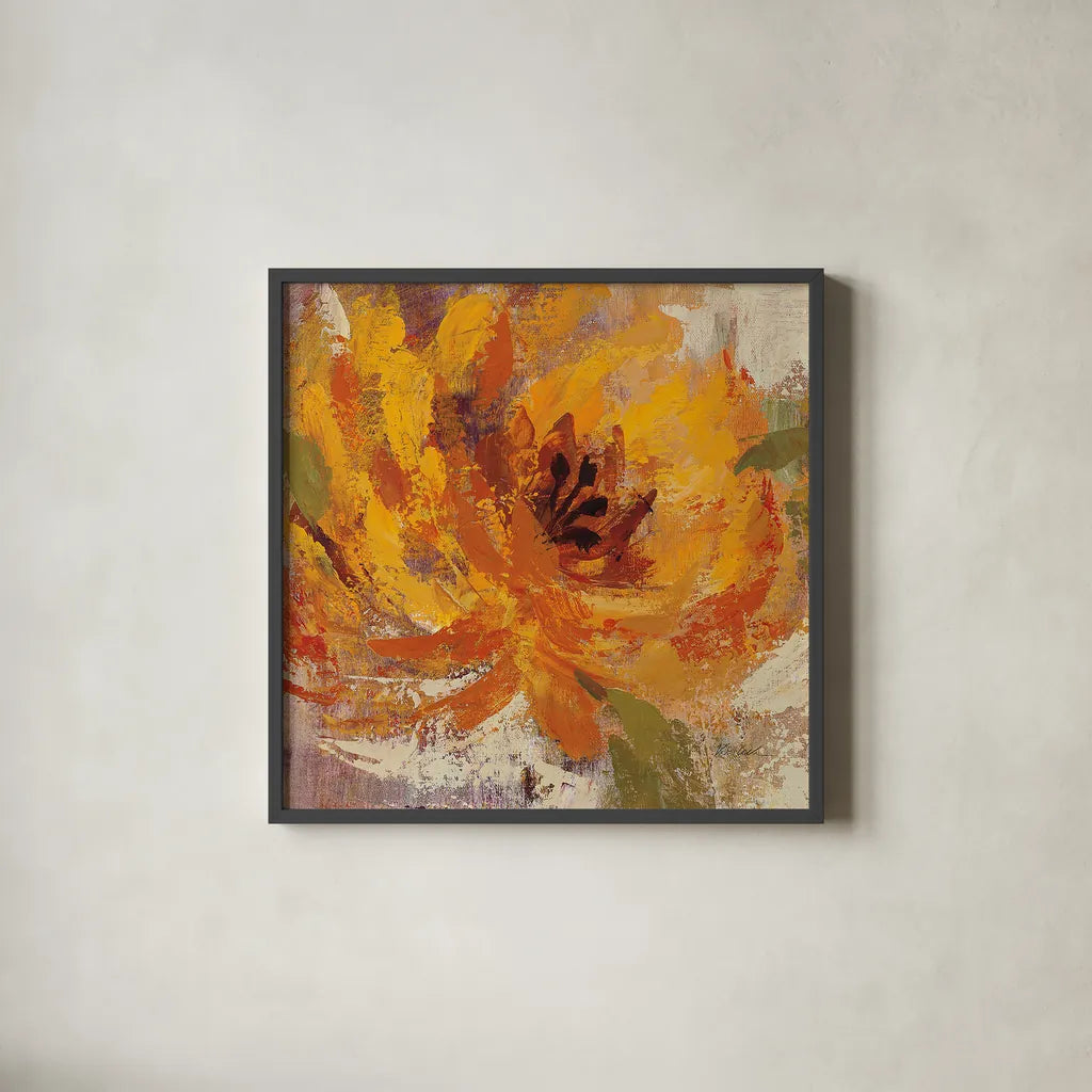 Fiery Dahlias I Golden Flower by Silvia Vassileva. Shown in a sleek black glass frame for a contemporary gallery look. Available as an archival giclee rolled canvas, fine art paper, or poster print. SKU 15706a.