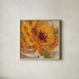 Fiery Dahlias I Golden Flower by Silvia Vassileva. Shown in a natural wood glass frame for a timeless modern aesthetic. Available as an archival giclee rolled canvas, fine art paper, or poster print. SKU 15706a.