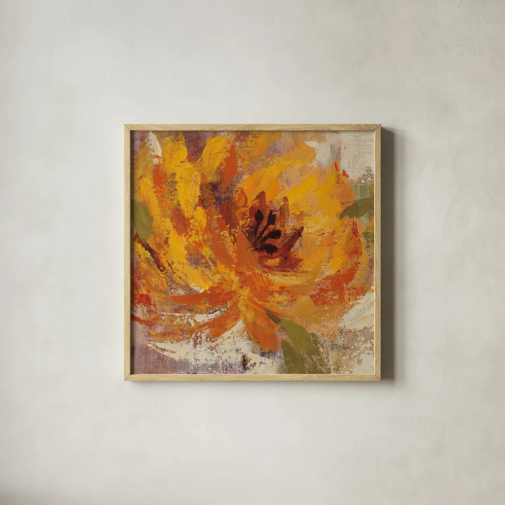 Fiery Dahlias I Golden Flower by Silvia Vassileva. Shown in a natural wood glass frame for a timeless modern aesthetic. Available as an archival giclee rolled canvas, fine art paper, or poster print. SKU 15706a.