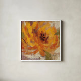 Fiery Dahlias I Golden Flower by Silvia Vassileva. Shown in a crisp white glass frame for a clean and minimalist style. Available as an archival giclee rolled canvas, fine art paper, or poster print. SKU 15706a.
