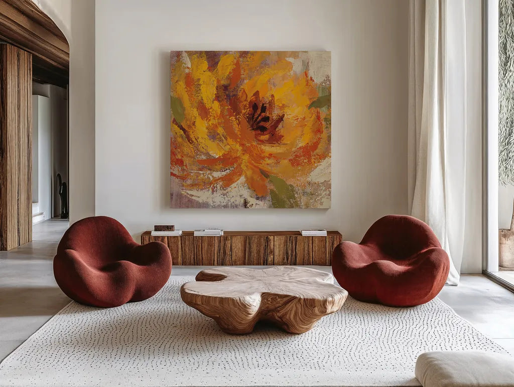 Fiery Dahlias I Golden Flower by Silvia Vassileva. Shown as extra-large giant wall art in a modern living room. Available as an archival giclee rolled canvas, fine art paper, or poster print. SKU 15706a.