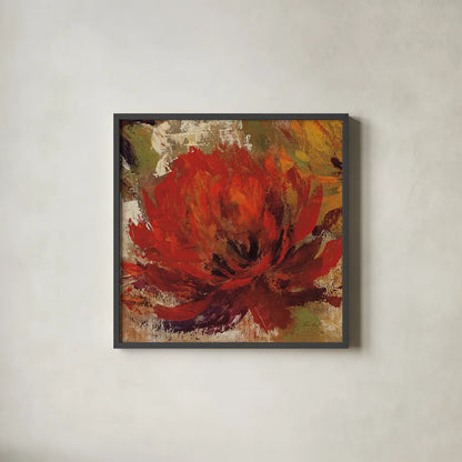 Fiery Dahlias II Red Flower by Silvia Vassileva. Shown in a sleek black glass frame for a contemporary gallery look. Available as an archival giclee rolled canvas, fine art paper, or poster print. SKU 10548a.