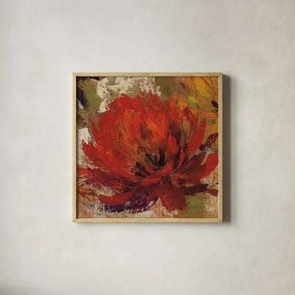 Fiery Dahlias II Red Flower by Silvia Vassileva. Shown in a natural wood glass frame for a timeless modern aesthetic. Available as an archival giclee rolled canvas, fine art paper, or poster print. SKU 10548a.