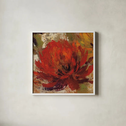Fiery Dahlias II Red Flower by Silvia Vassileva. Shown in a crisp white glass frame for a clean and minimalist style. Available as an archival giclee rolled canvas, fine art paper, or poster print. SKU 10548a.