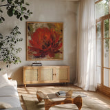 Fiery Dahlias II Red Flower by Silvia Vassileva. Shown in a natural wood frame in a cozy modern living room. Available as an archival giclee rolled canvas, fine art paper, or poster print. SKU 10548a.