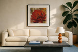 Fiery Dahlias II Red Flower by Silvia Vassileva. Displayed in a glass frame with matte in a clean modern living room. Available as an archival giclee rolled canvas, fine art paper, or poster print. SKU 10548a.